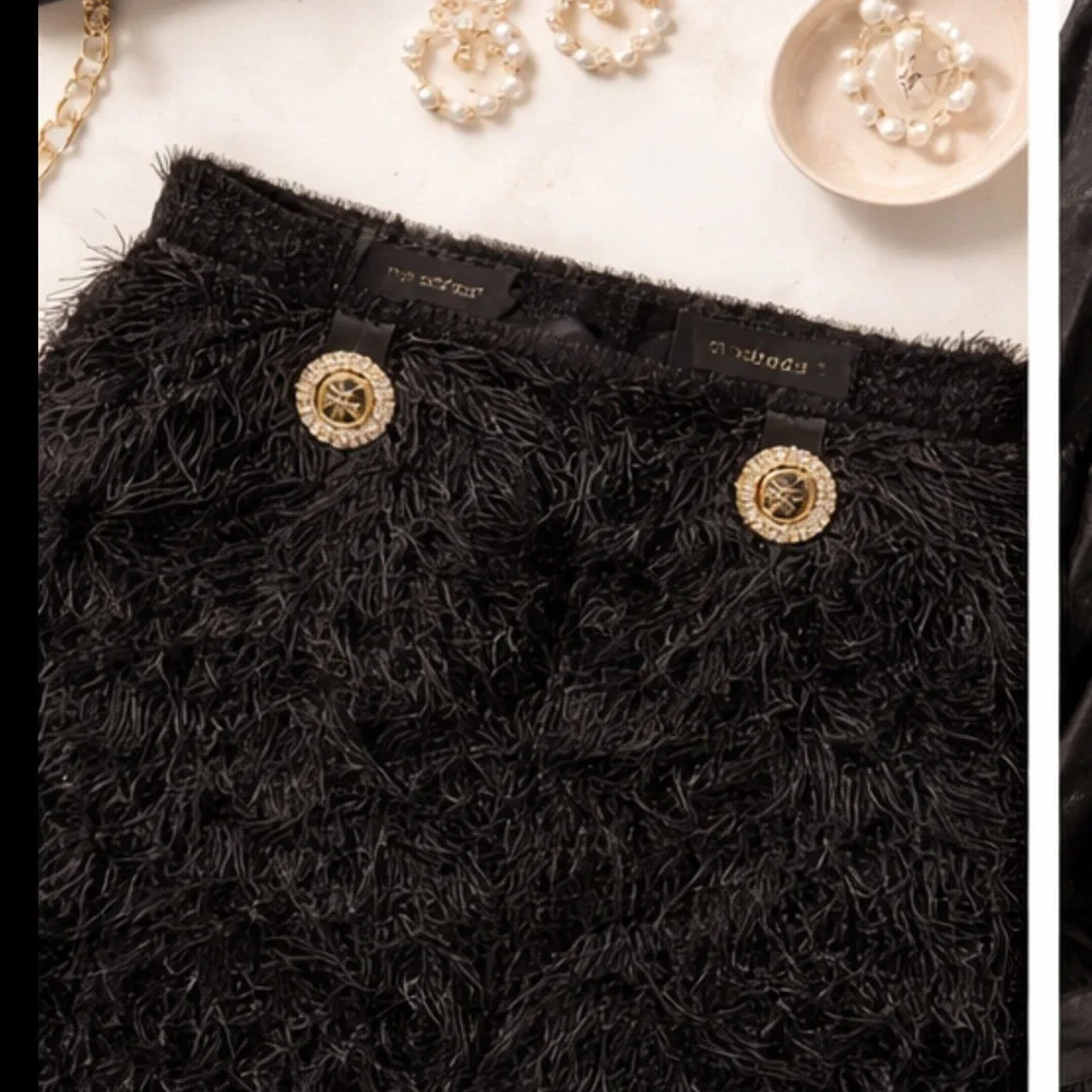 Pinko Black Fringe Mini Skirt with Gold Tone Buttons